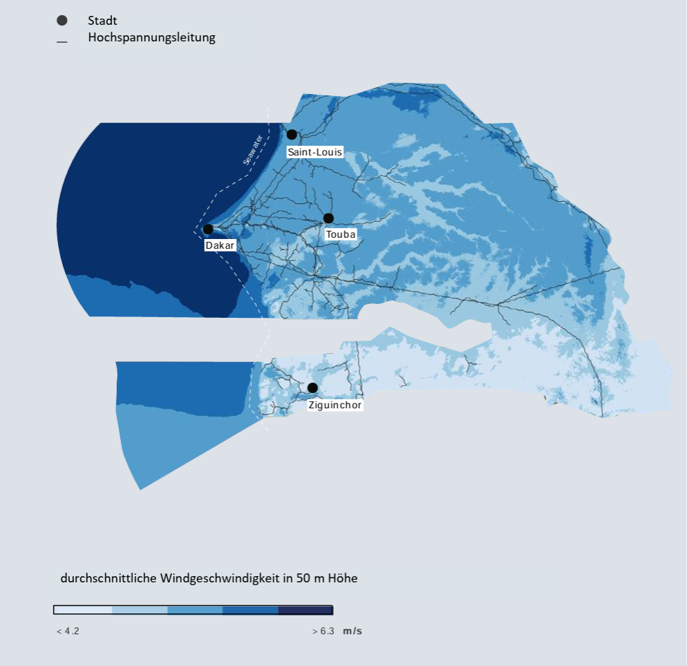 Karte von Senegal mit Windzonen, Städten (Dakar, Saint‑Louis, Touba, Ziguinchor) und Hochspannungsleitungen